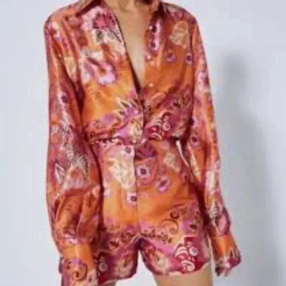Alexis Beax Blouson-sleeve Printed Crepe Blouse In Orange Blossom L
